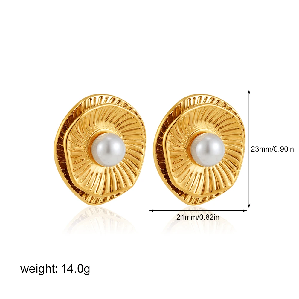Vintage Gold Plated Stainless Steel Earrings for Women Metal Weave Double Layer Imitation Pearl Stud Earring Elegant Jewelry