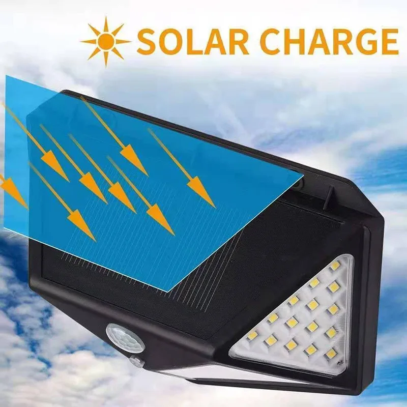 

100LED Solar Powered Porch Wall Light Rural Courtyard Wall Lamp Garden Fence Light Human Body Sensing Four Sided Illumination