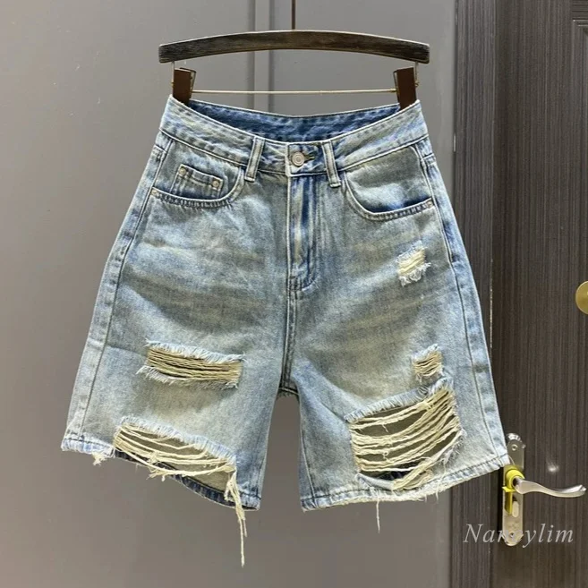 

European Style 2026 Summer New Loose Fit Straight Wide Leg Cropped Jeans - Light Blue Distressed Ripped Denim Shorts for Women
