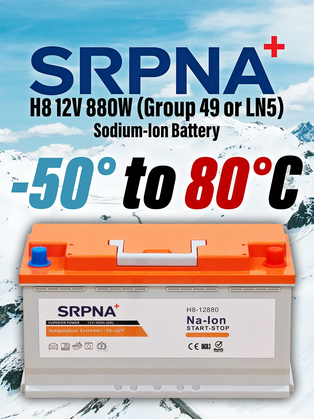 H8 (Group 49 & LN5) Sodium Ion Battery | 12V | 60Ah | 720Wh | 900A | 880W | Stable Operation from -50 to 80°C | No Fire, Safe