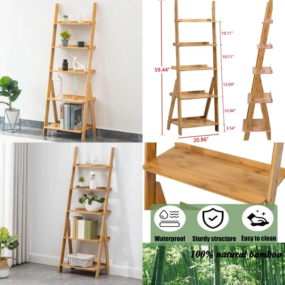 

5-Tier Bamboo Leaning Bookshelf - Free Standing Storage Organizer for Living Room and Bedroom