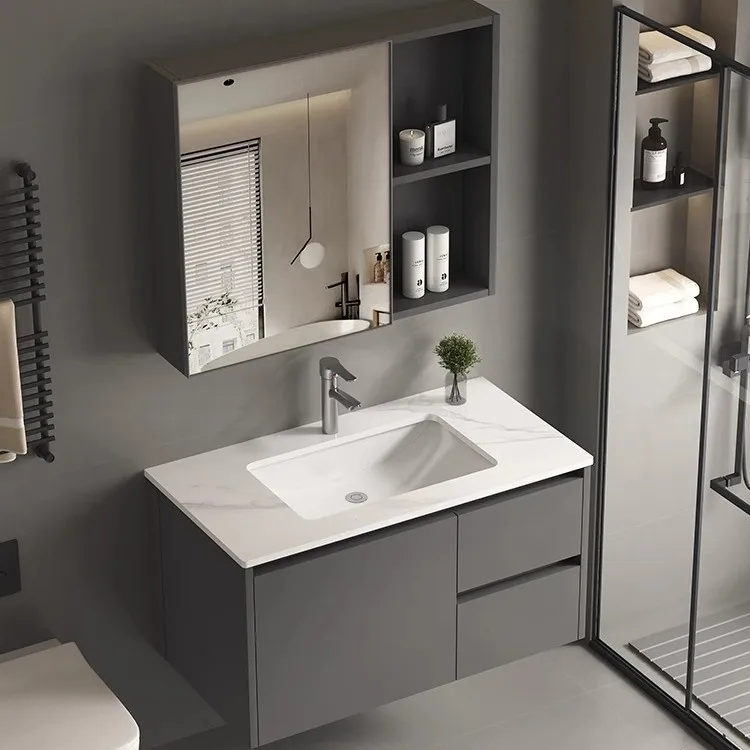 Mueble con espejo de aleación de aluminio, mueble de baño, lavabo B & B para apartamento, cajón doble de cerámica, lavabo para inodoro, recuento integrado