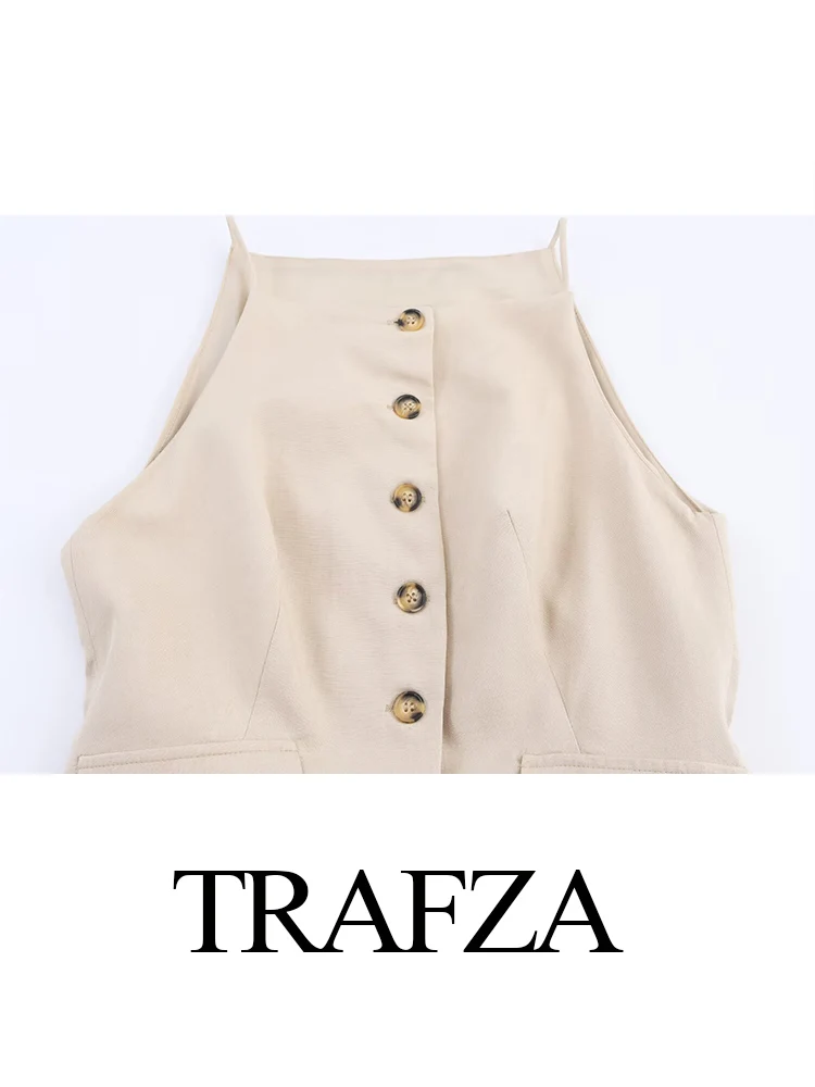 

TRAFZA Women's Summer Single Breasted Pleated Skirt Midi Vest Dress Female Elegant Fake Pocket Decoration Long Sleeveless Dress