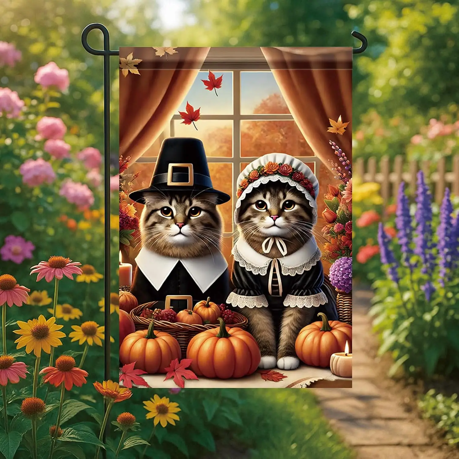 Thanksgiving Garden Flag 12x18 Inch Pilgrim Cats with Pumpkins and Fall Decor Autumn Seasonal Outdoor Yard Porch Lawn Banner uui