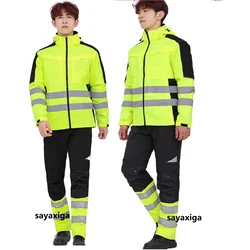 Witner safety work clothing Hi vis hooded jacket coat cotton padded parkas trousers WARM uniform workwear labor protection suits