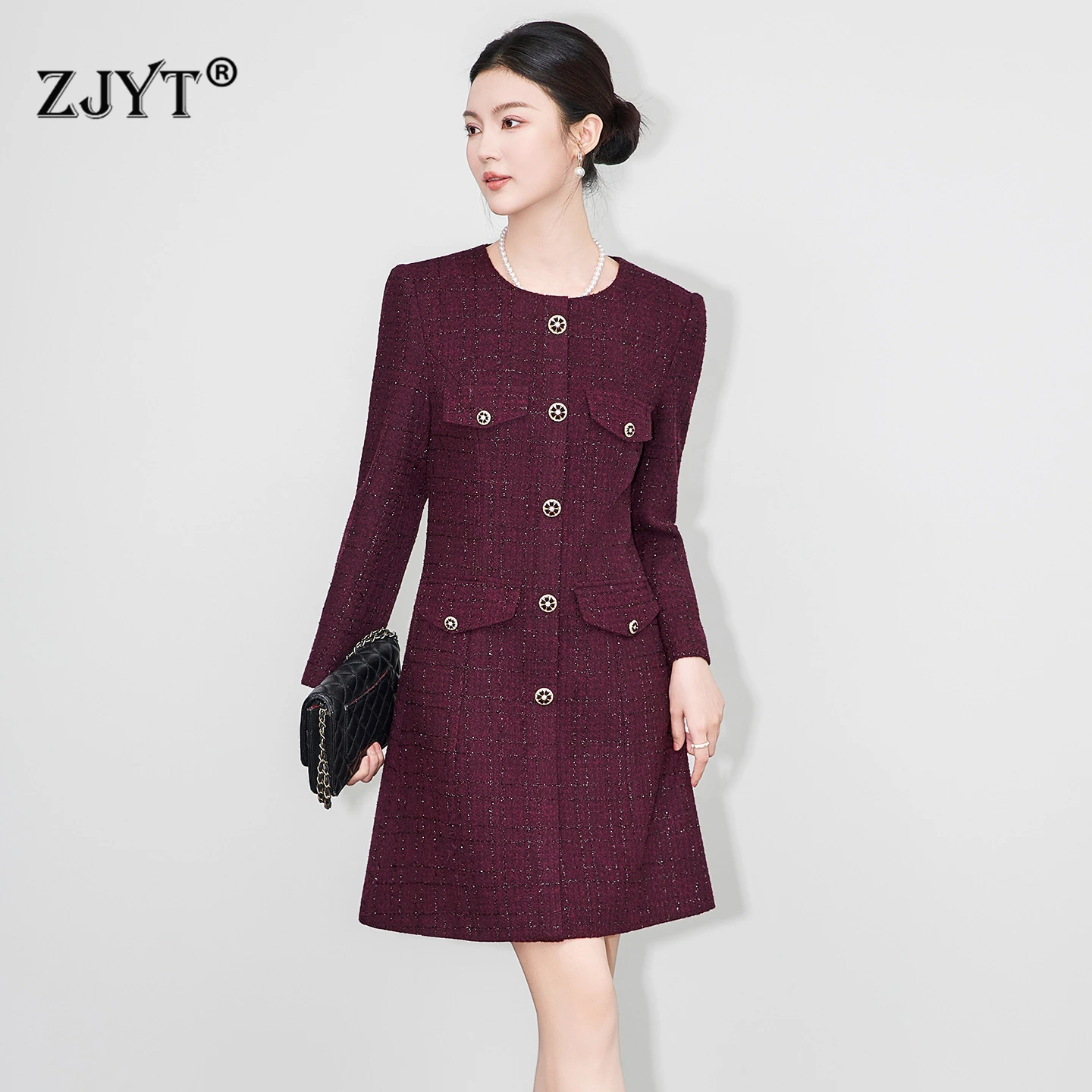 

ZJYT Women's Autumn Winter Tweed Woolen Dress Long Sleeve Fashion 2025 New Designer Vintage Casual Short Dress Party Black Red