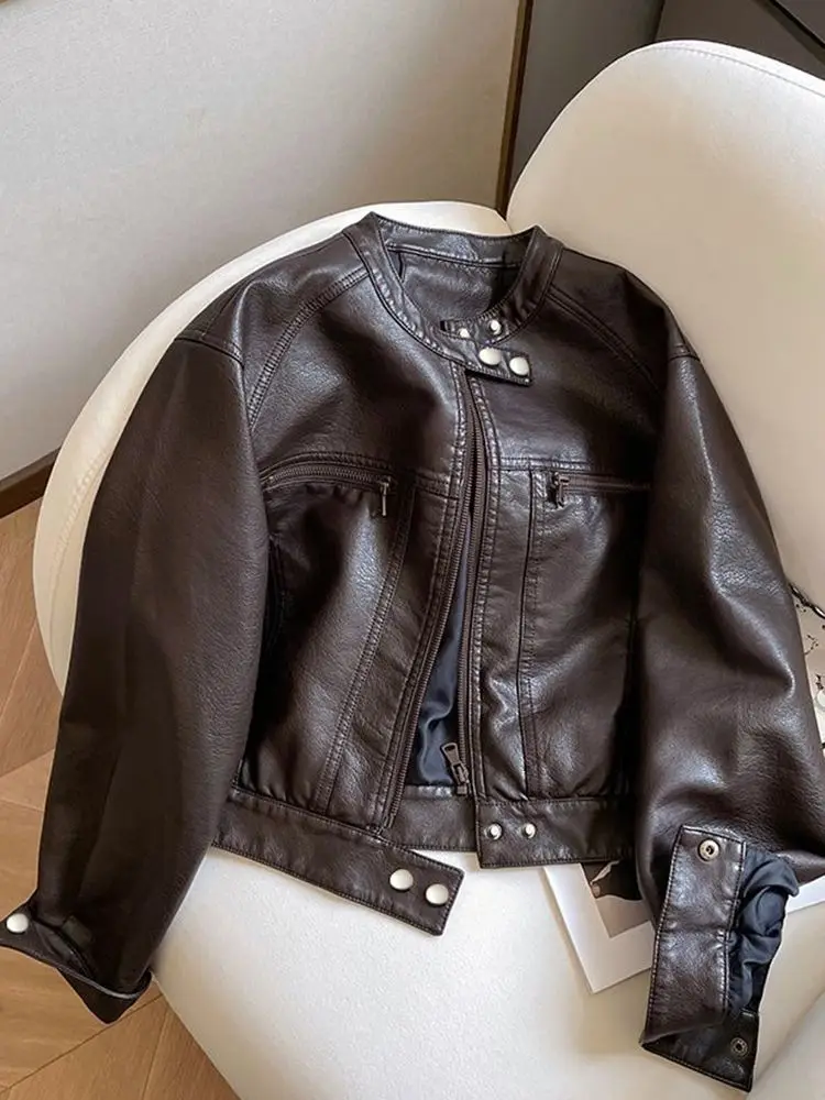 American Locomotive Clothing Short PU Leather Jacket Women's 2025 Spring And Autumn New Small Design Stand-Up Collar Jacket tide