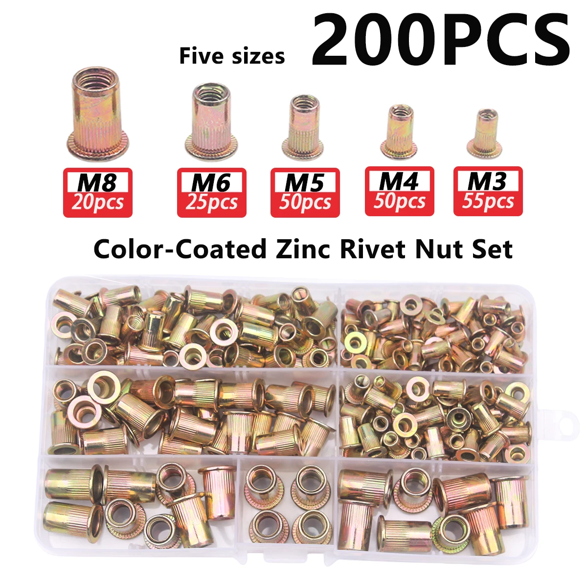 Rivet Nut Set, 200-Piece Metric Rivet Nut Combination (M8/M6/M5/M4/M3), Suitable for Furniture, Decoration, Automotive, Marine, and Industrial Applications