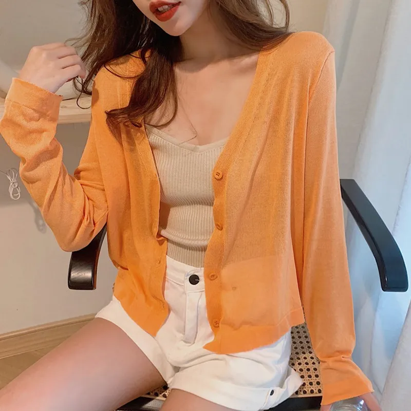 Solid Color Knitted for Women Cardigan Korean Long Sleeve Jumper Female Round Neck Basic Sunscreen Cropped Cardigan Outwear