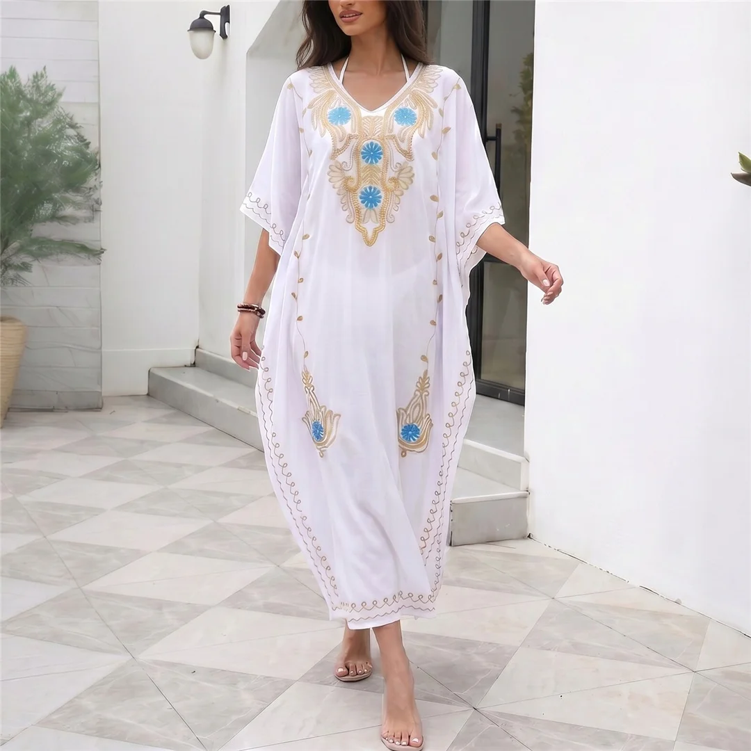 Bedrucktes Halbarm-Strickkleid mit V-Ausschnitt, Häkel-Strick-Tunika, Strand-Cover-Up, Strandkleid, Strandmode, Damen V8318 – Detail 6
