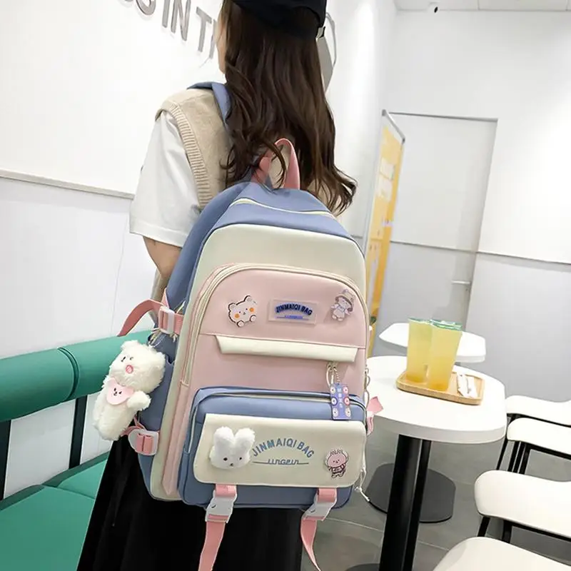Kawaii Ba Lô Combo Ba Lô Xinh Xắn Cho Trường Học Với Kawaii Mặt Dây Chuyền Gấu 5 Miếng Nhẹ Oxford Canvas Ba Lô Bộ Với