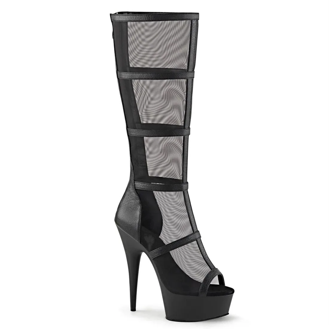 Sexy Woman Black Fine Mesh Peep Toe Knee Boots High Platform High Heel Straps Crossed Summer Boots Woman Stage Long Mesh Botas