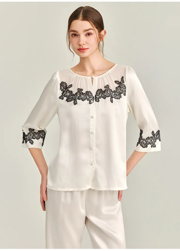 22MM 100% Mulberry Silk Women Pajama Sets Lace Patchwork 3/4 Sleeve Shirt & Pants 2 Piece Set Nightwear Summer Casual Home Wear