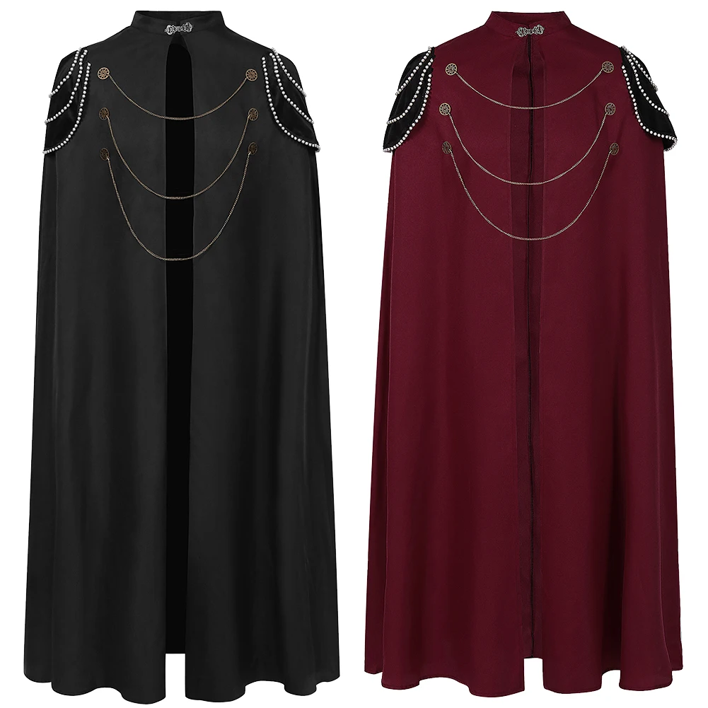 Men Women Medieval Vintage Hooded Loose Cloak Windproof Coats Bead Curtain Gear Chain Cosplay Costume Winter Long Cape