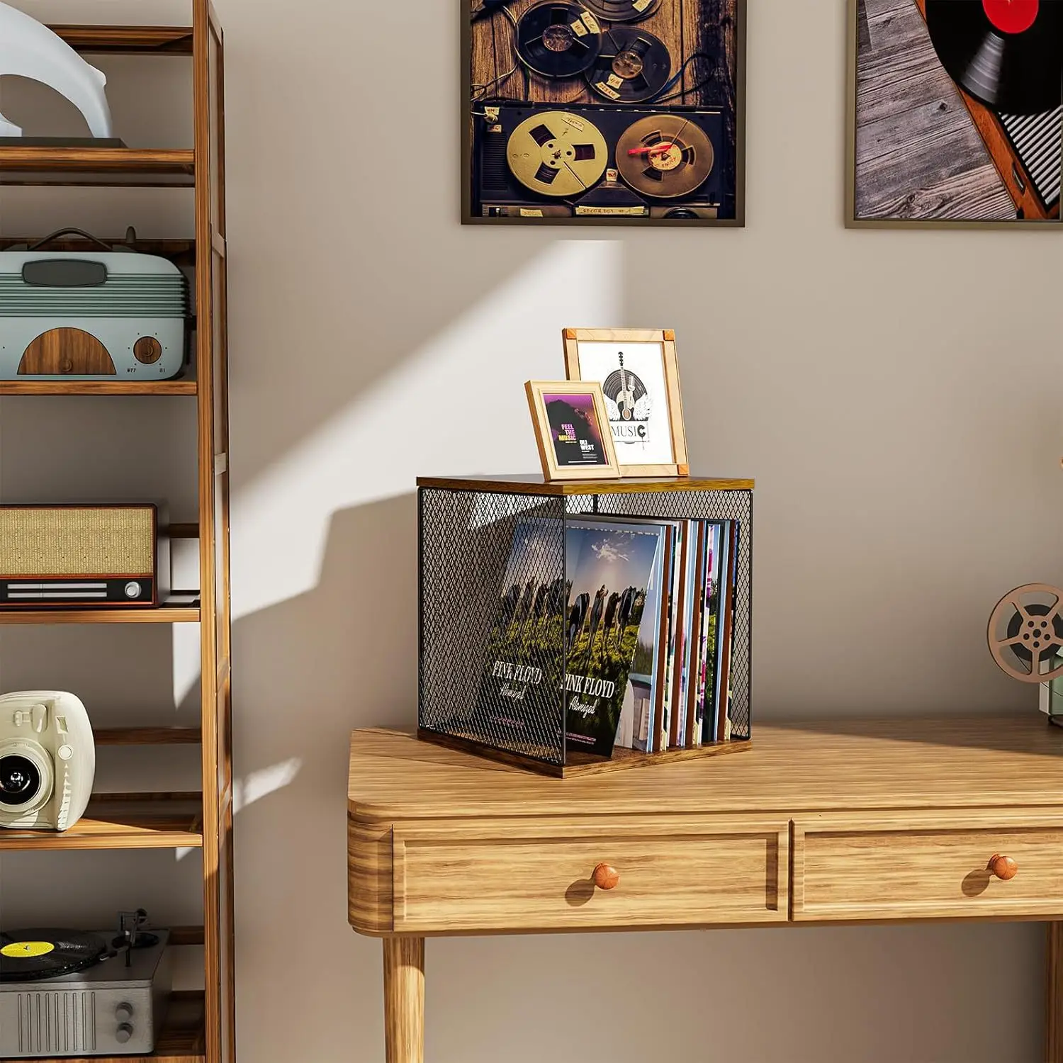 Vinyl Record Storage, Premium Wooden Record Holder Shelf with Visual Metal Mesh & Large Capacity, Organizer for Home or Studio