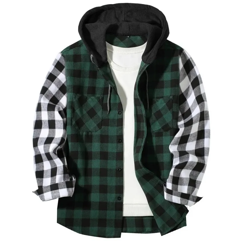 Men's Hooded Shirts Plaid Splice Color Casual Button Long Sleeved Double Pockets Shirt Hoodie Flannel Jacket Spring Autumn Tops