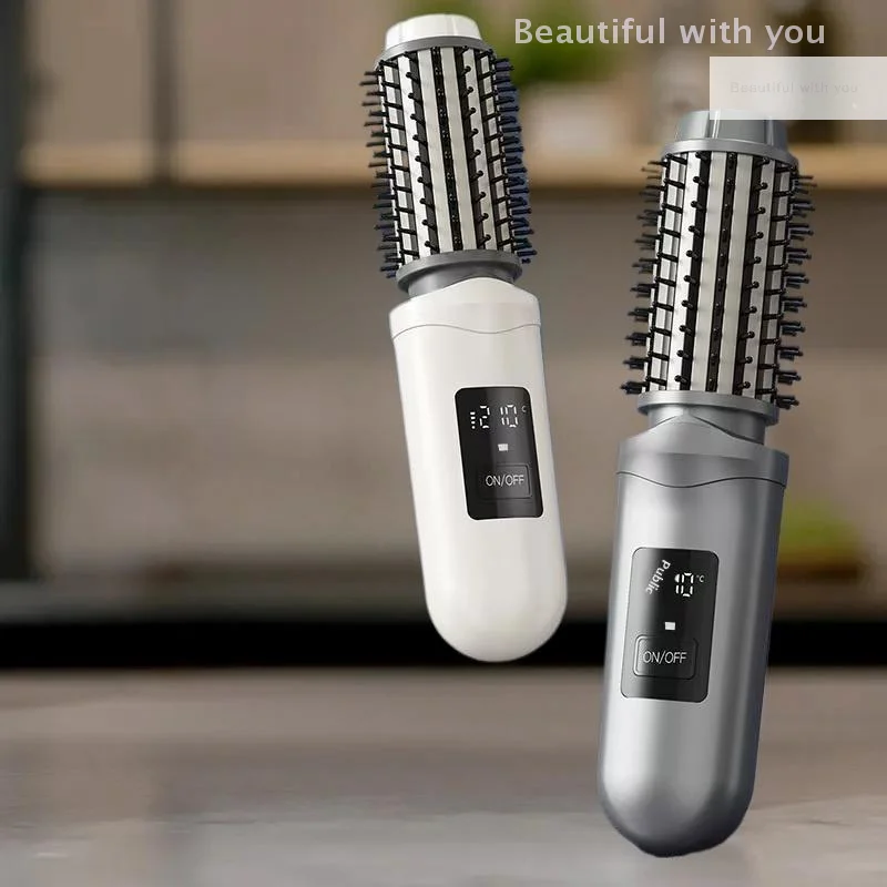 

NewCordless Hair Curling Iron Brush USB Rechargeable Travel Heated Round Brush 2-in-1 Electric Hair Curling Wand Styling Tools