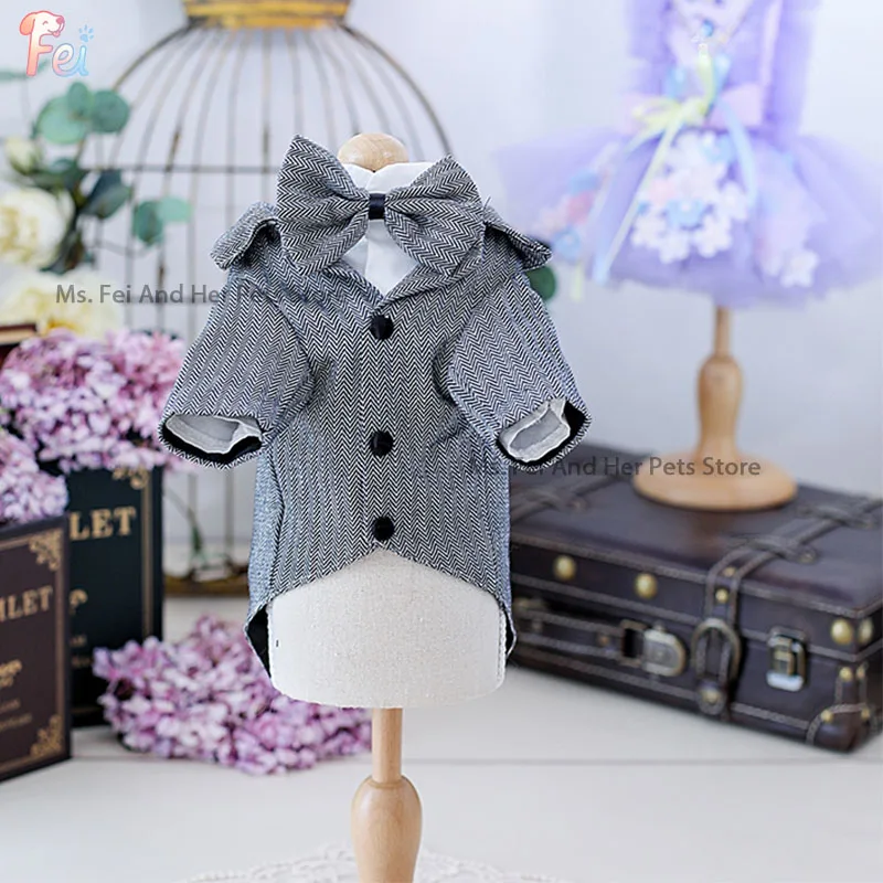

Handmade Dog Clothes Pet Supplies Handsome Suit Cool Jacket Classic Grey Wool Tuxedo Two-Piece Set Tailored Skirt Couple Dress