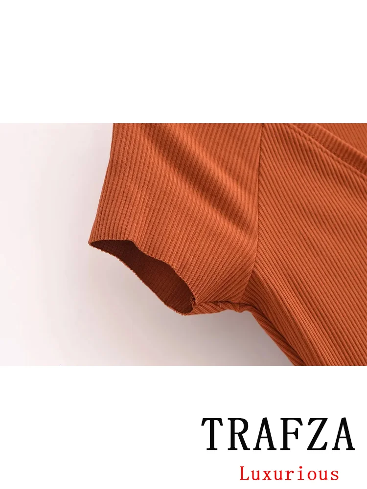 TRAFZA Vintage Casual Chic Women Dress Solid Slim V-Neck Button Short Sleeve Long Dress Fashion 2024 Autumn Female Dress