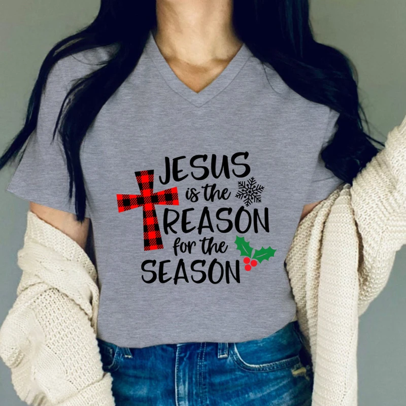 Y2K T-Shirt Women Christmas Jesus V-Neck Streetwear \