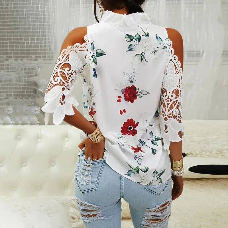 Summer Female Strapless Tops Casual Sexy Hollow Flower Printed Women Blouse Elegant V-Neck Short Sleeve Lace Shirt Blusas 19361