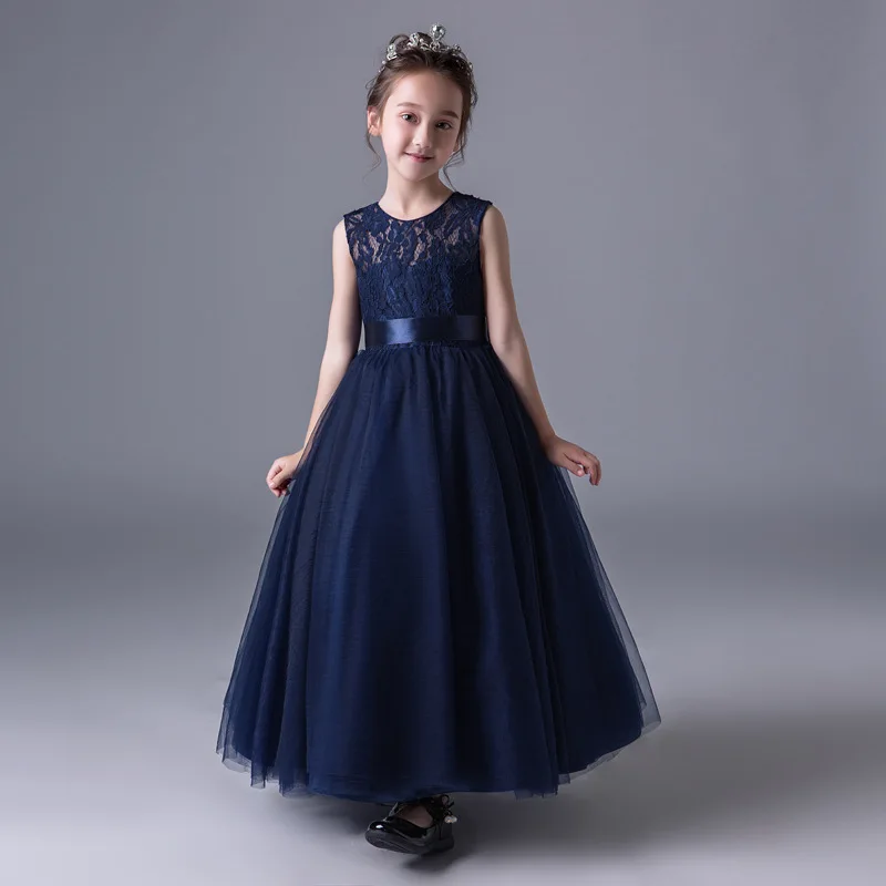 Girls Formal Occasion Dress For Wedding Navy Blue Ball Gown Flower Girl Dresses With Belt