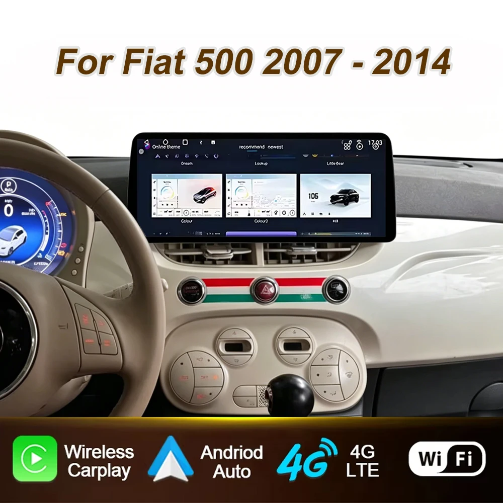 Radio para Auto de 12.3 pulgadas para Fiat 500 2007 2008 2009 2010 - 2014 Reproductor Multimedia Android Auto con GPS, Carplay, 4G, WIFI y DSP
