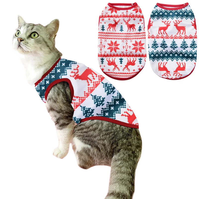 Pet Cat Clothes Christmas Costume For Cats Dogs Cute Elk Print Kitten Vest Puppy Shirt Pullover French Bulldog Chihuahua Outfits