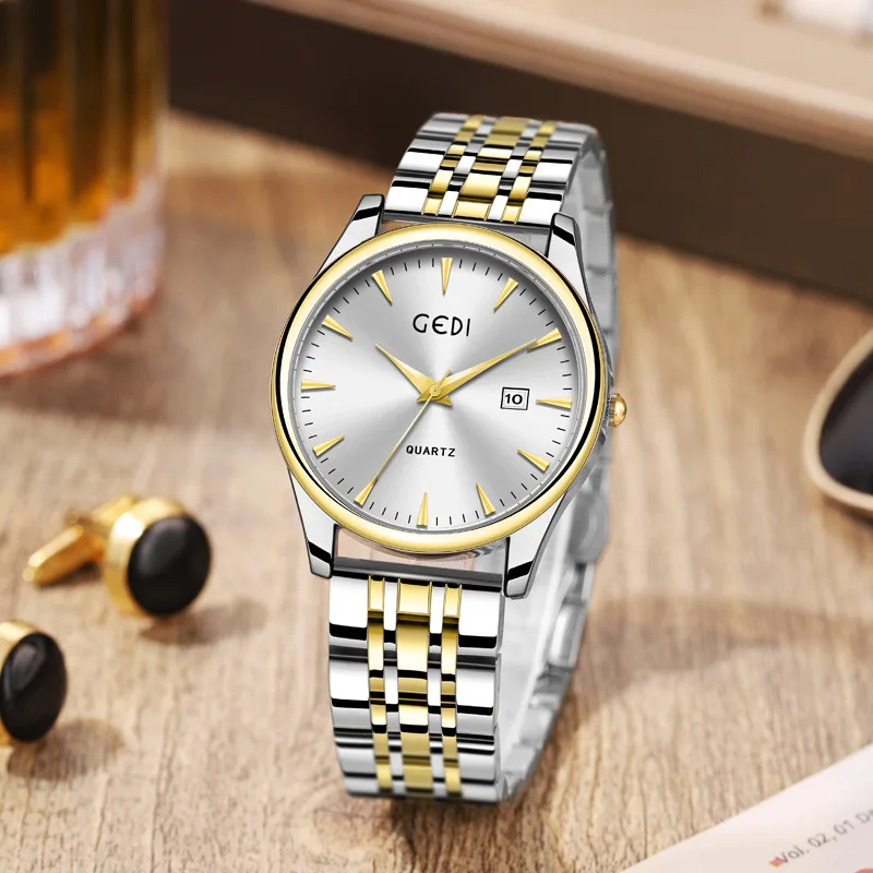 Gedi Couple's Classic Steel Belt Watch Simple Advanced Calendar Waterproof Quartz Watch New Good-looking Watch