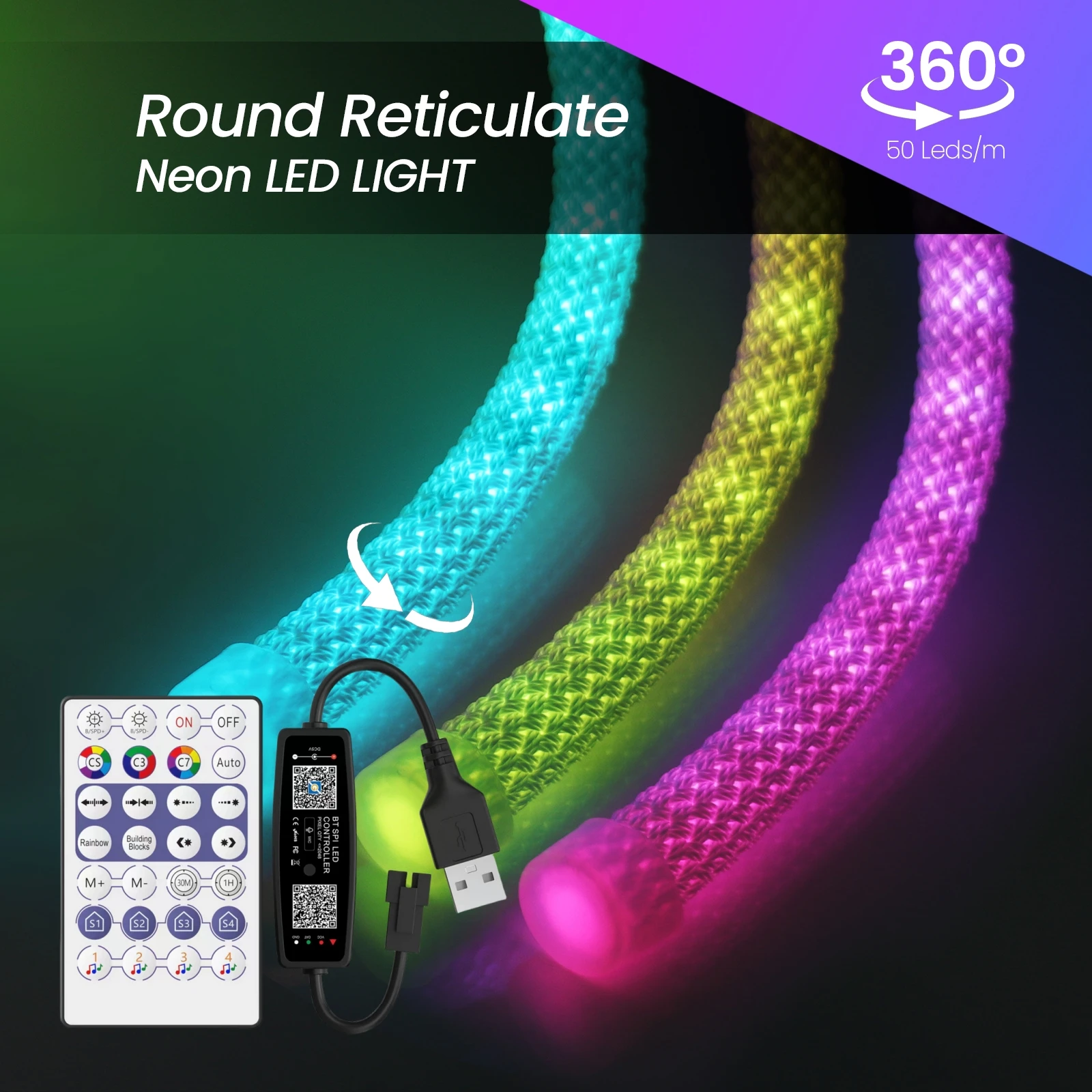 Imagem -03 - Usb Ws2812b Ws2811 Rodada Reticulada Neon Led Strip dc 5v Endereçável 360 Graus Bluetooth Rgbic Fita de Silicone Flexível Ip67 Corda