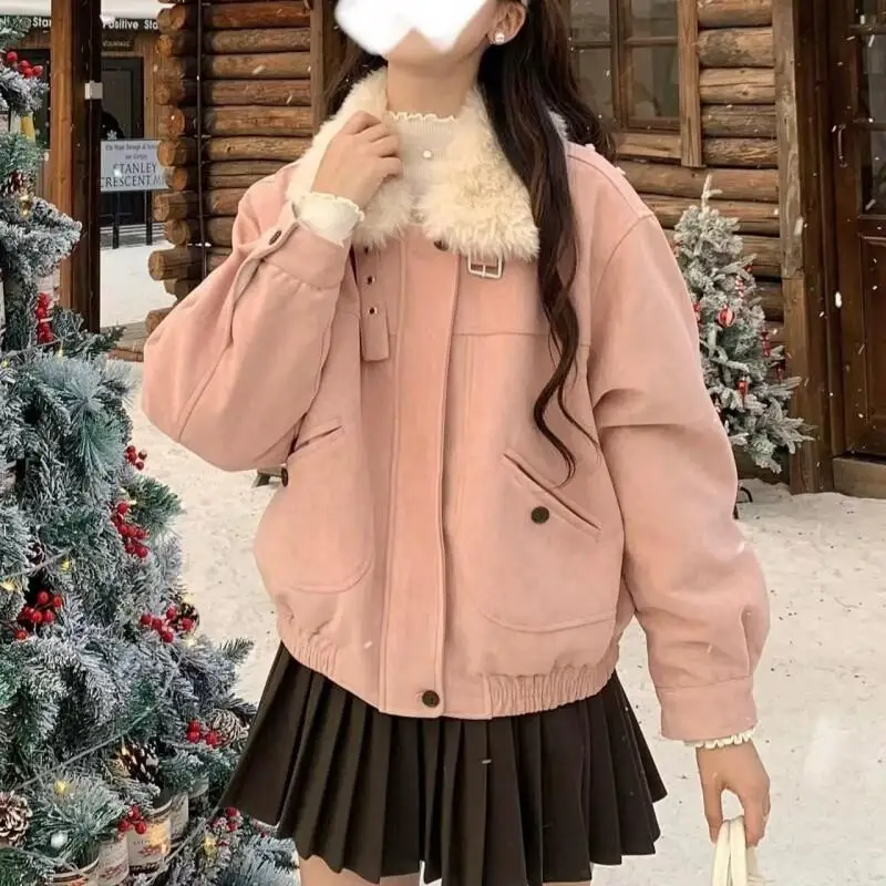 

Women's Padded Jacket Autumn And Winter Retro Pink Suede Short Jacket Women 2025 New Winter Petite Faux Fur Coat Top thick Parka