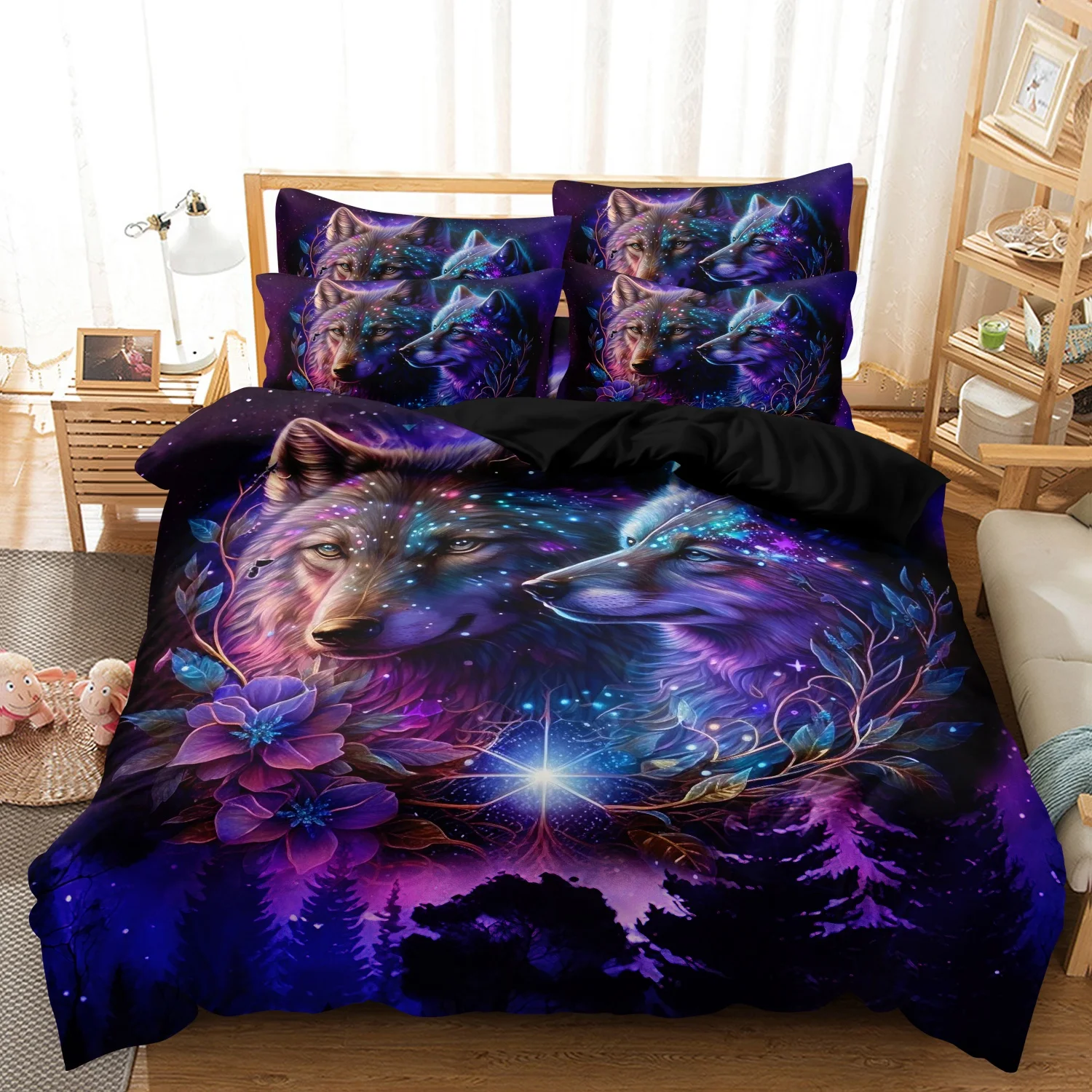 Purple Galaxy Forest Wolves Floral Print 3 Pieces Duvet Cover Set, Starry Night Wild Wolf Flower Pine Tree Print Bedding