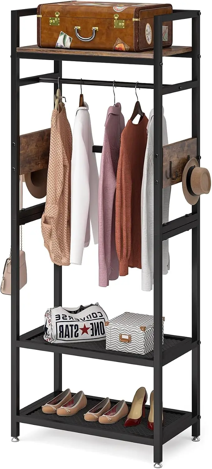 69-inch Tall Narrow Clothes Garment Rack, Small Heavy Duty Closet Organizer with Shelves and Hooks, Customized
