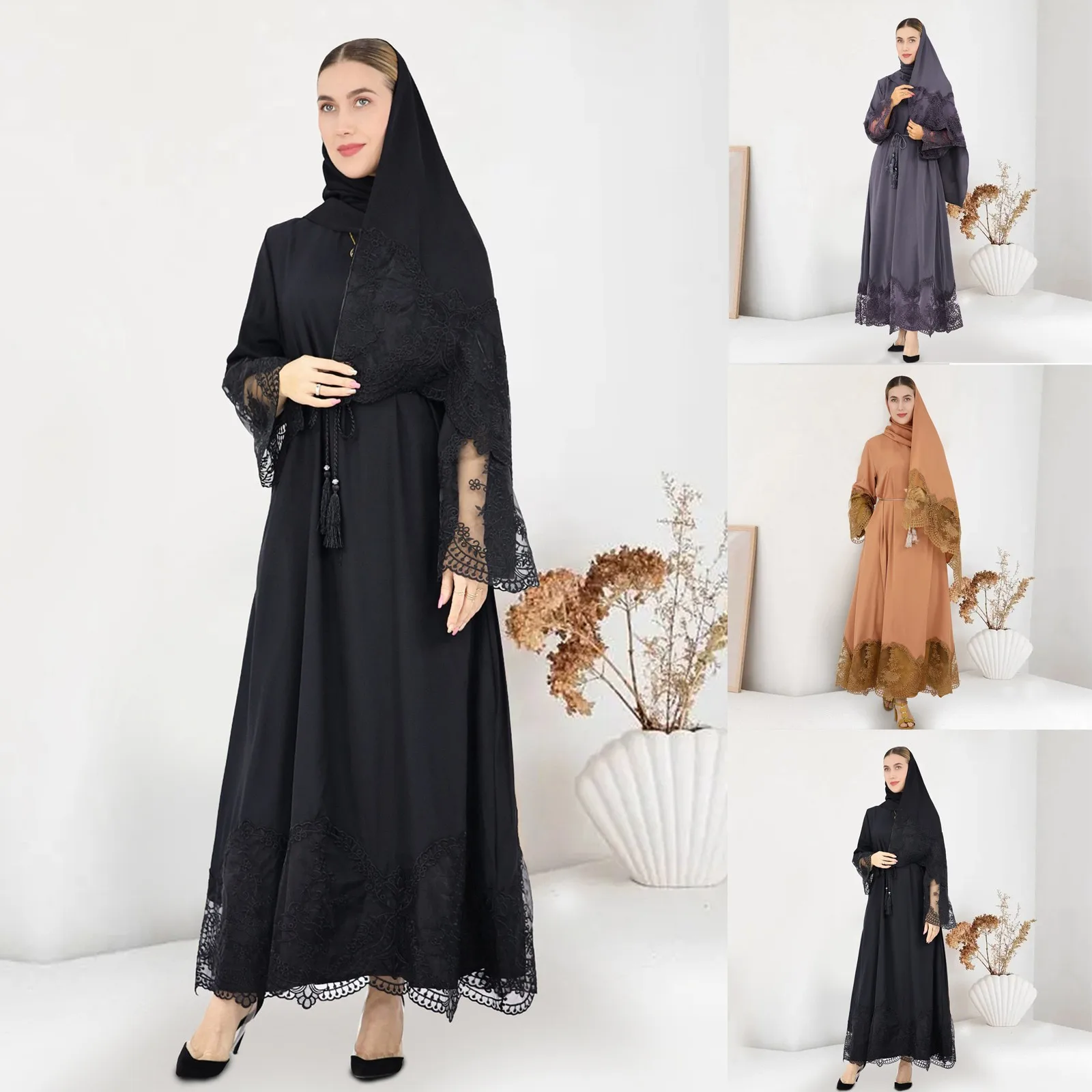 

2024 New Muslim Solid Color Hijab Dress Long Sleeve Lace Embroidery Abaya for Women Middle East Dubai Arab Islam Robe Ramadan