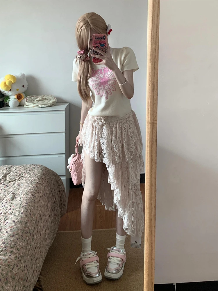 Irregular Lace f Skirt Women's Summer 2025 New Design -Midi A-Line Cake Skirt High Waist Other Material 00%