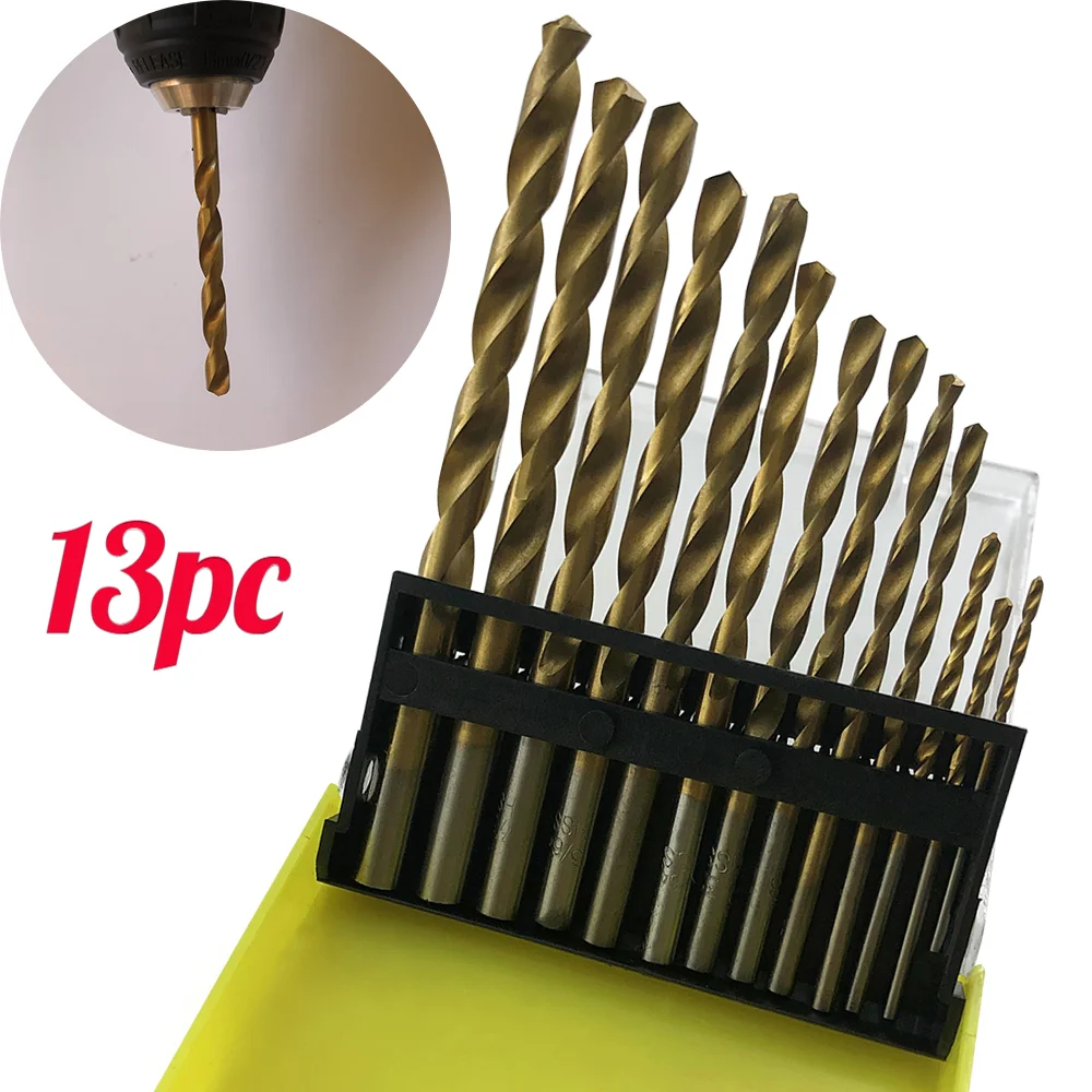 

SAE Набор сверл из 13 предметов, высокоскоростные стальные титановые сверла, спиральные сверла 1/16 "-1/4" для металла, стали, пластика и дерева