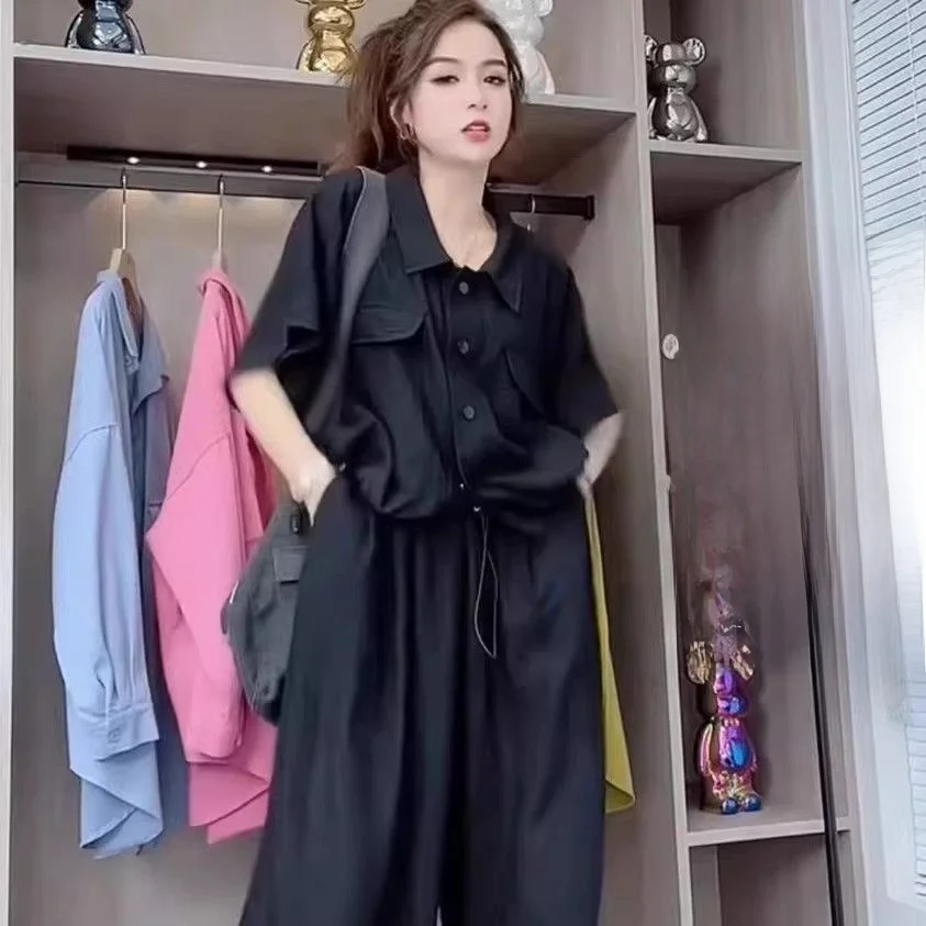 Casual Fashionable Women's Set Summer 2026 Loose plus Size Shortsleeve Wideleg Cuffed Pants Breathable  Neck Shirt
