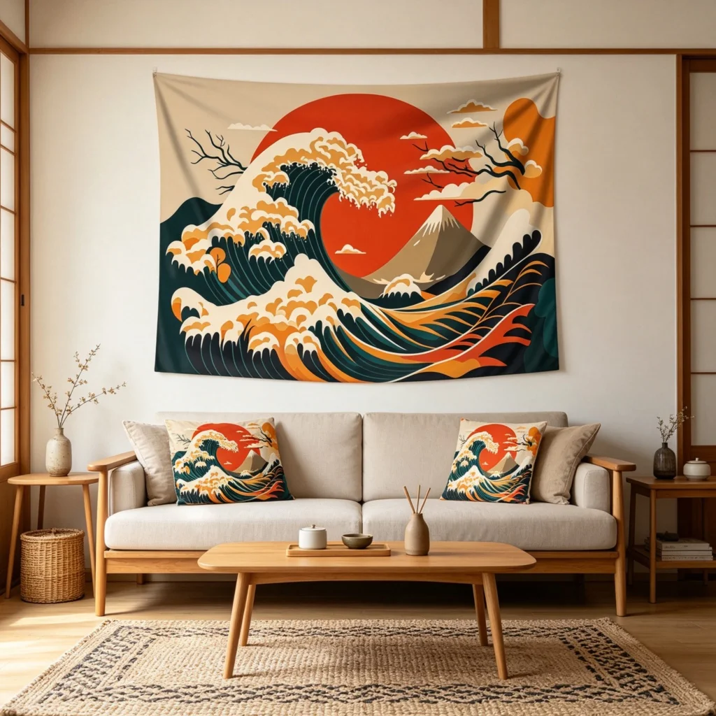 1PC Japanese Wave Fuji Sun Art Print Backdrop Banner, Bedroom Living Room Photo Background, Polyester, Home Decor, Wall Art