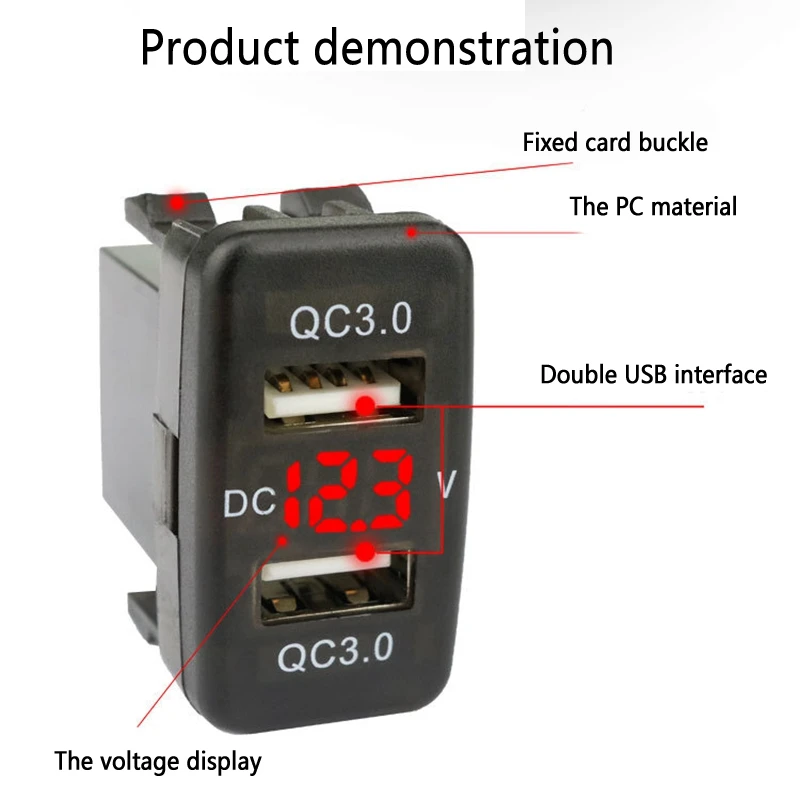 Car Dual USB3.0 Fast Charge with Display Voltmeter Black and Red Voltage Car Charger for Toyota