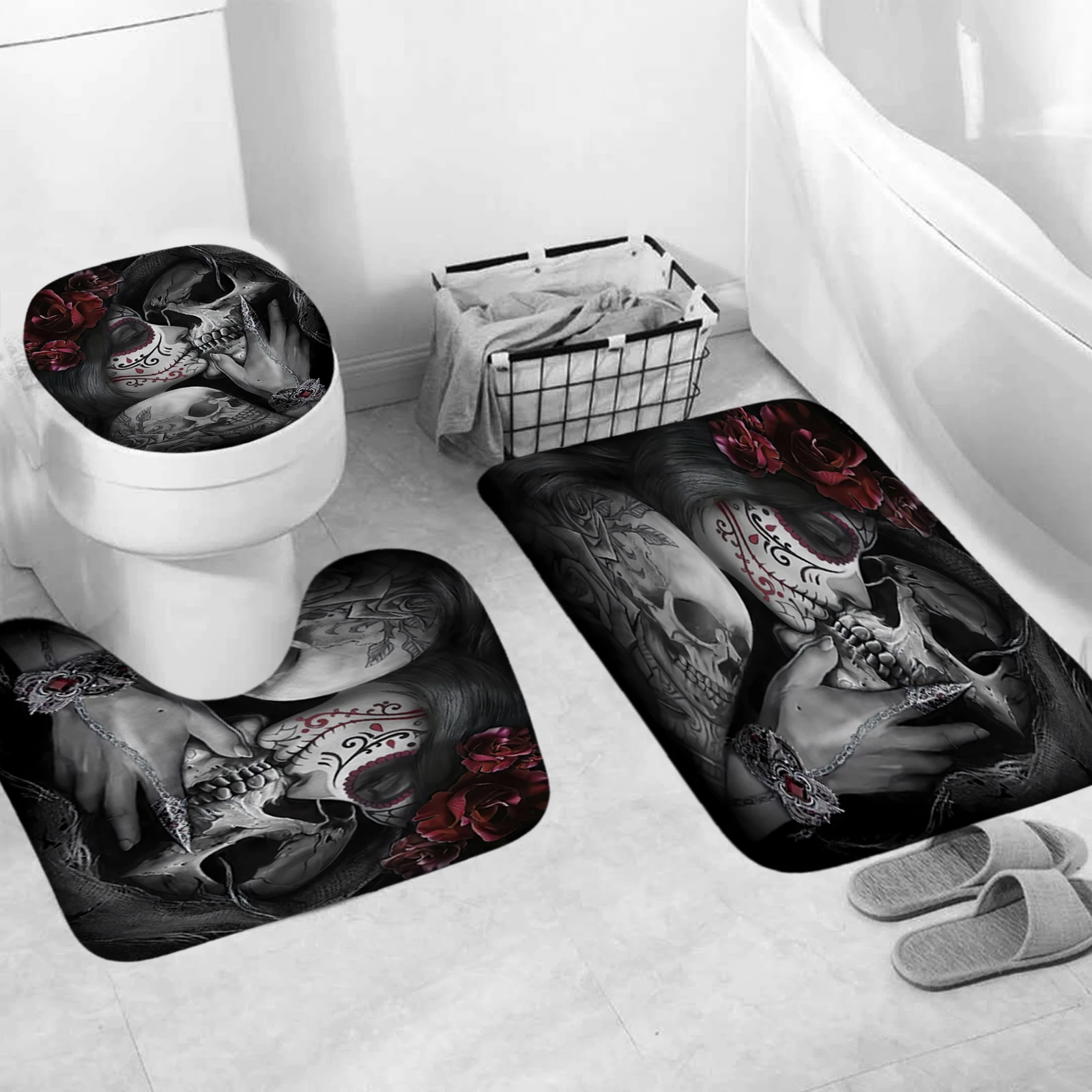 Halloween Skull Couple Printed Shower Curtain Set, Soft Fabric, Non-Slip Bathroom Mat, Modern Waterproof Trim, 12 Plastic Hooks