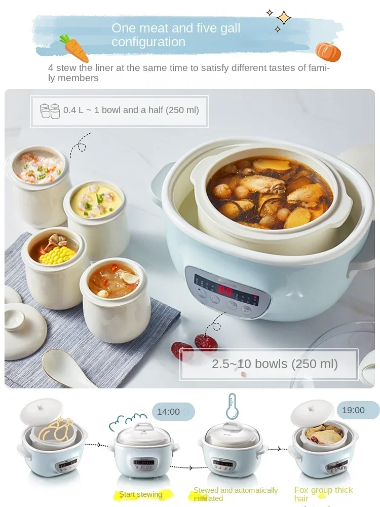 220V Bear Electric Stewpot with Ceramic Pots and Water Separation Structure for Healthy Cooking