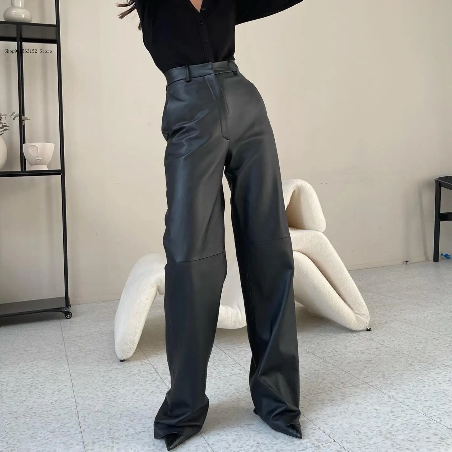 European and American Style Spring and Autumn Casual Pu Leather Mid High Waist Hip Lifting Straight Leg Pants for Women