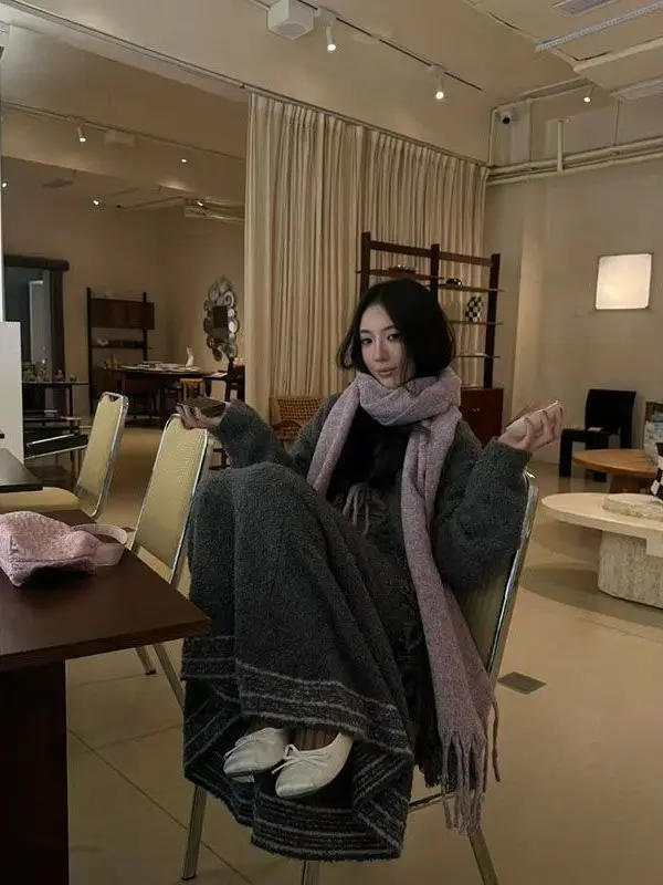 

Retro Knitted Scarf Tassel Belted Skirt Cardigan Set Women's Faion Winter Casual Loose Sle Mid-Thi Long Sve