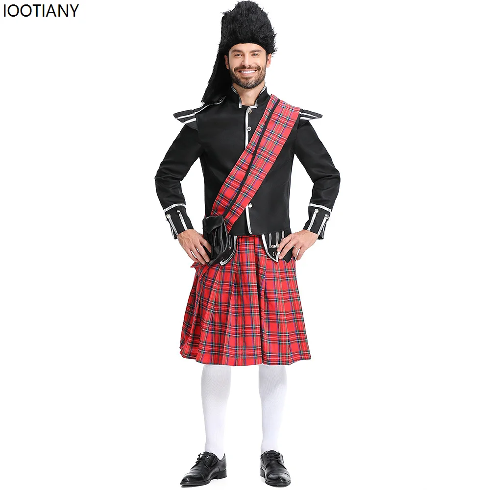 Halloween Red Plaid British Soldier Cosplay Costume Men Scottish Honor Guard Fancy Dress Carnival Purim Party Stage Dress Up New