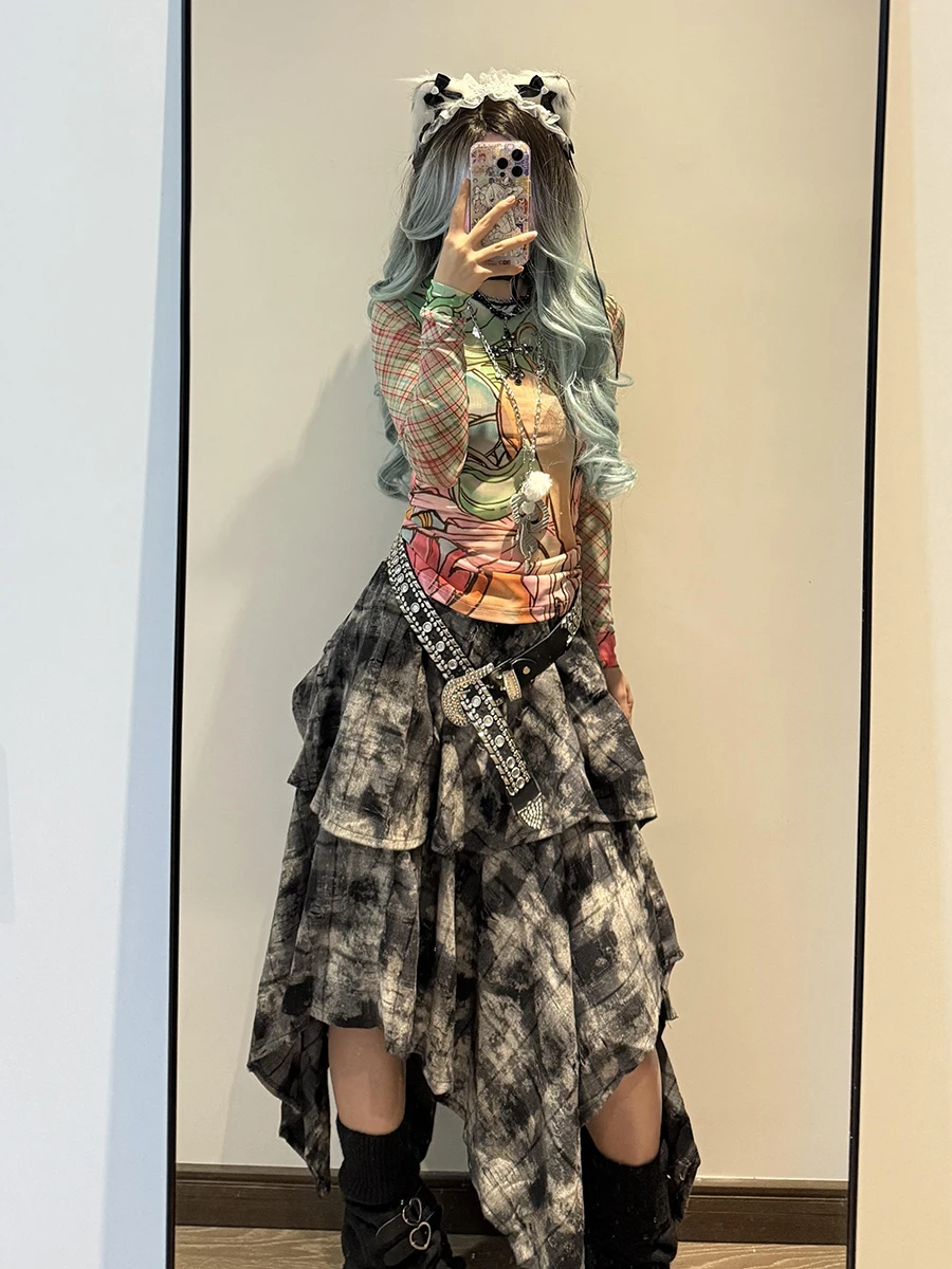 ReddaChic Punk Retro Tartan Taart Rok Plaid Tie Dye Elastische Taille Tiered Ruffle Onregelmatige Lange Rok Vrouwen Harajuku Streetwear