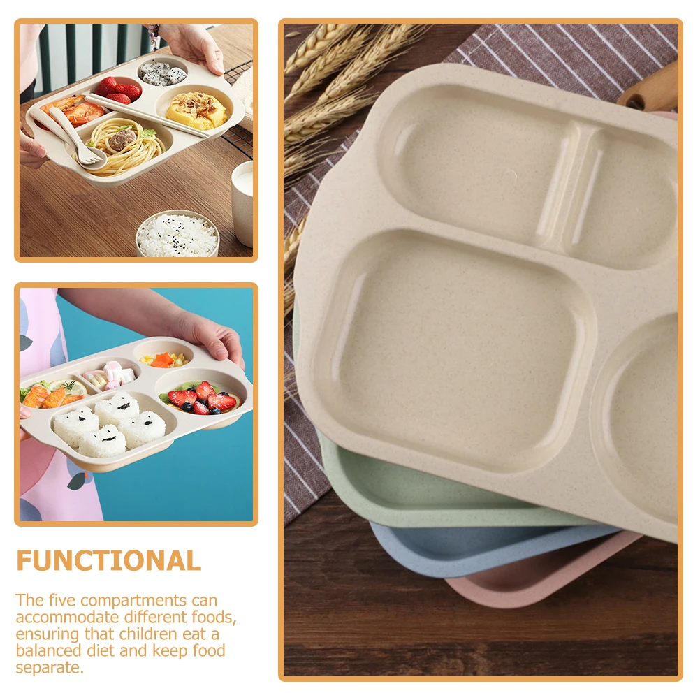 

4pcs Kids Plates Divided Children's Food Tray Sectioned Lunch Plates Compartment Plate for Toddlers Lightweight Wheat