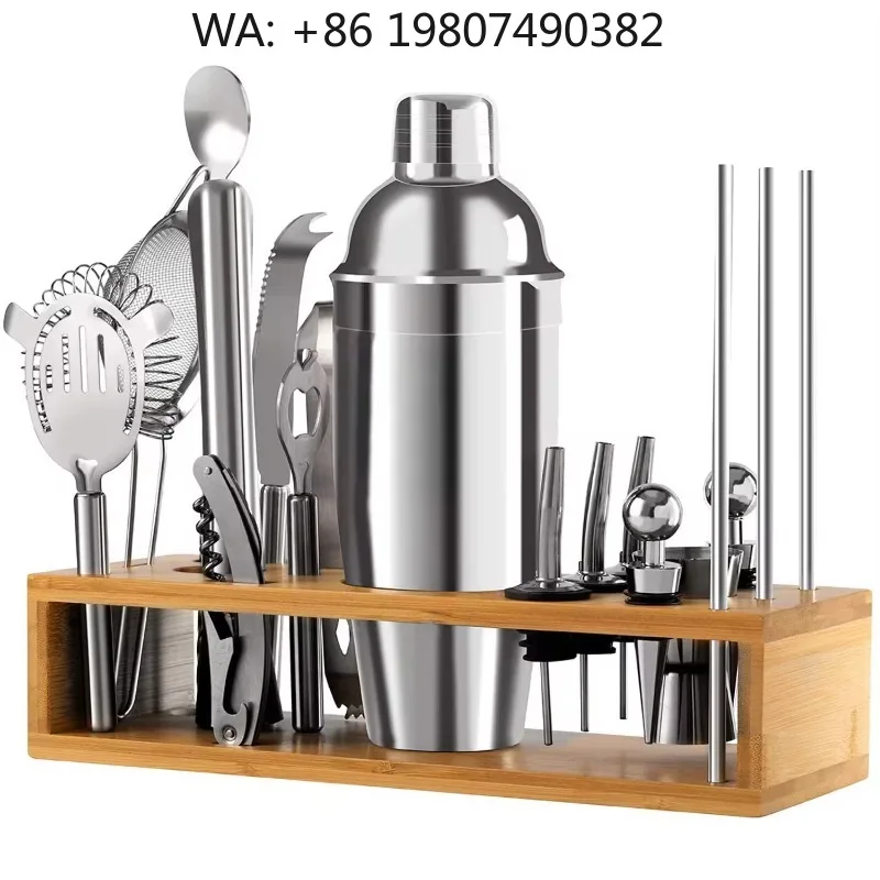 20Pcs All In One Stainless Steel Cocktail Shaker Bar Kit Complete Mixology Tools With Natural Bamboo Display Stand For Restauran
