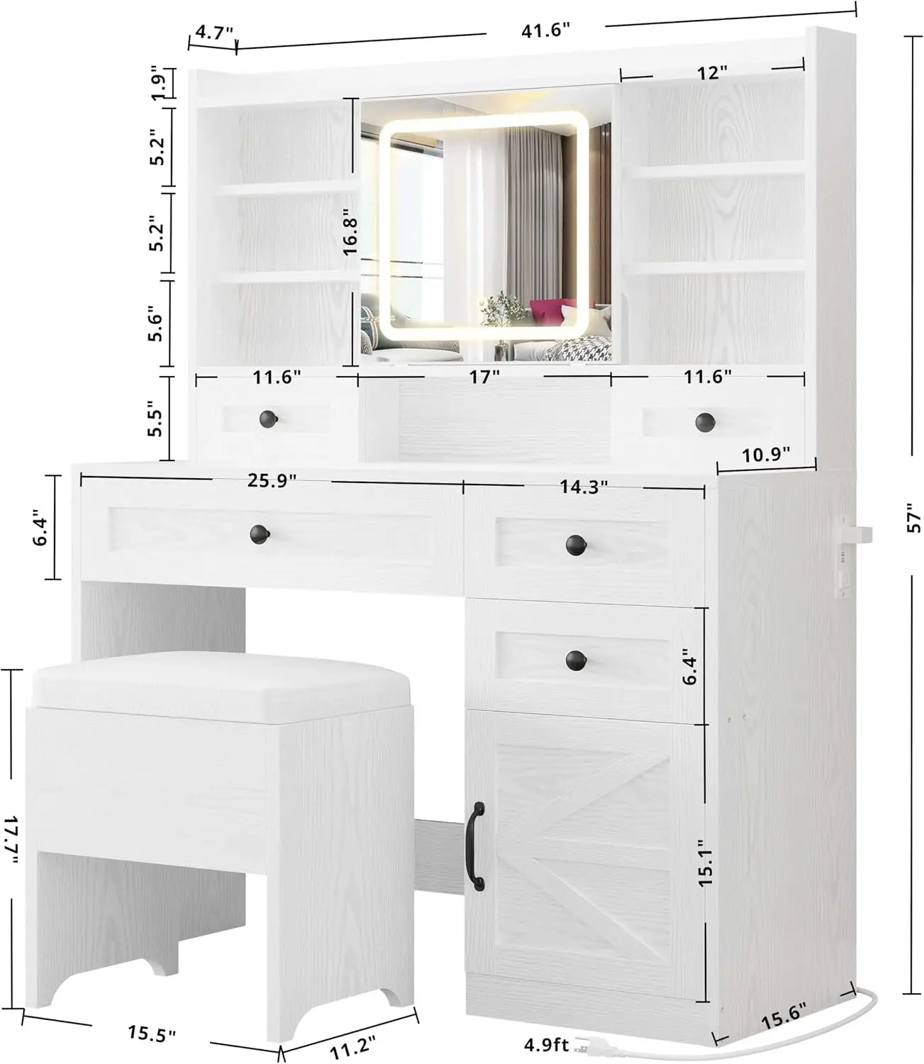 Large Storage Makeup Vanity Table with 5 Drawers, Cabinet, 7 Open Shelves, Power Outlet, Storage Stool, Bedroom, Customized
