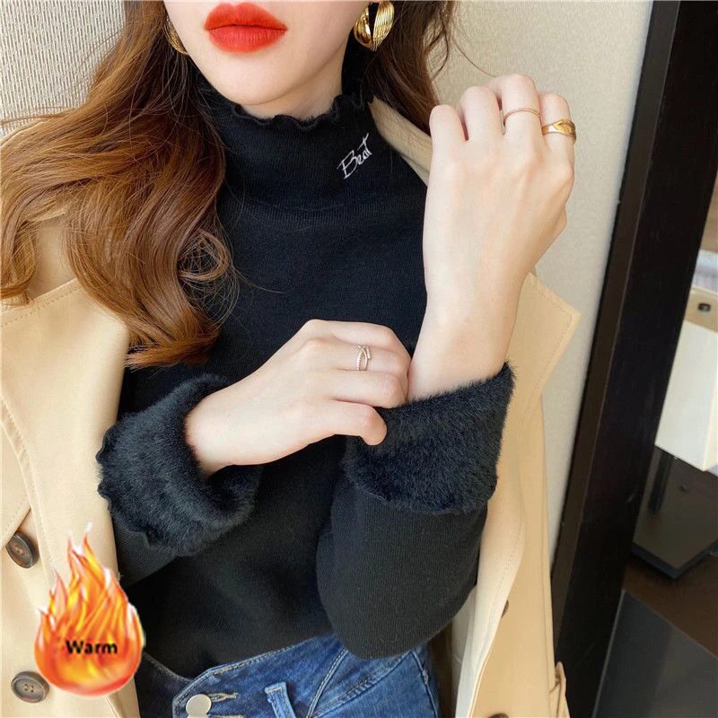 Women Letter Embroidery Plush Velvet Sweater Korean Half Turtleneck Knitted Sueter Fleece Lined Long Sleeve Knitwear Pullover