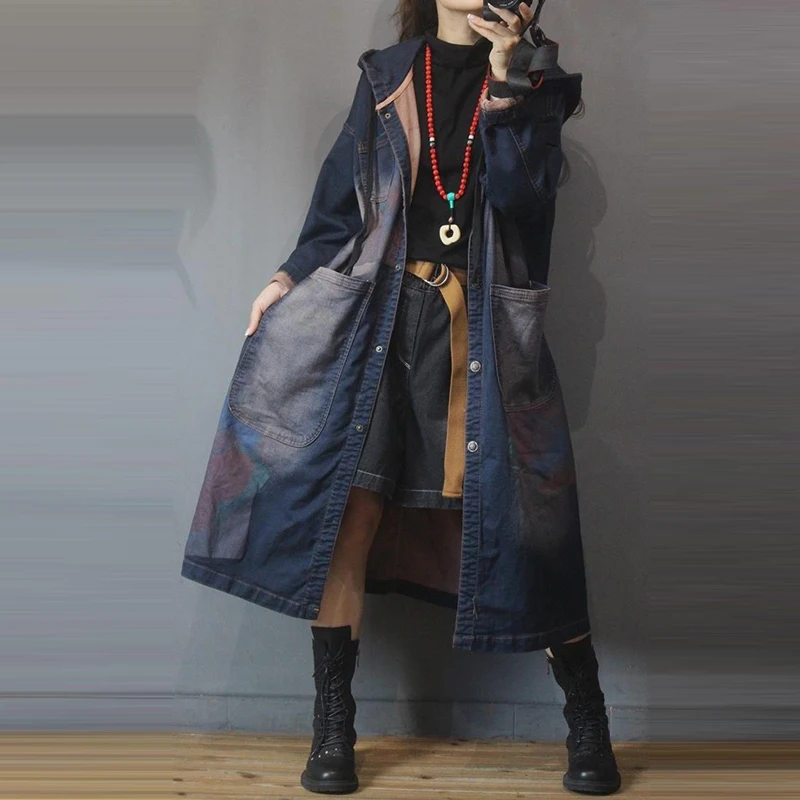 

Spring Autumn New Arts Style Women Single Breasted Vintage Print Hooded Trench Big Double Pocket Cotton Denim Long Coat C238